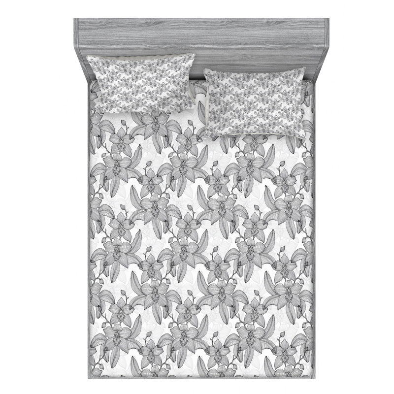 Microfiber Floral Sheet Set, Queen Sheet Set + Fitted Sheet + 2 Pillowcases, Gray Floral