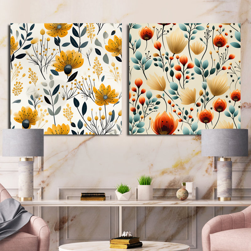Cheneville - Ensemble de 2 collages carrés botaniques abstraits, H 16 po x l 33 po, Toile tendue