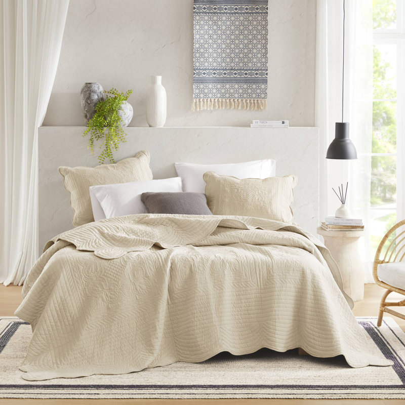 Ensemble de courtepointe réversible 3 pièces à bord festonné couleur crème Toscane, pour lit double/queen., Crème