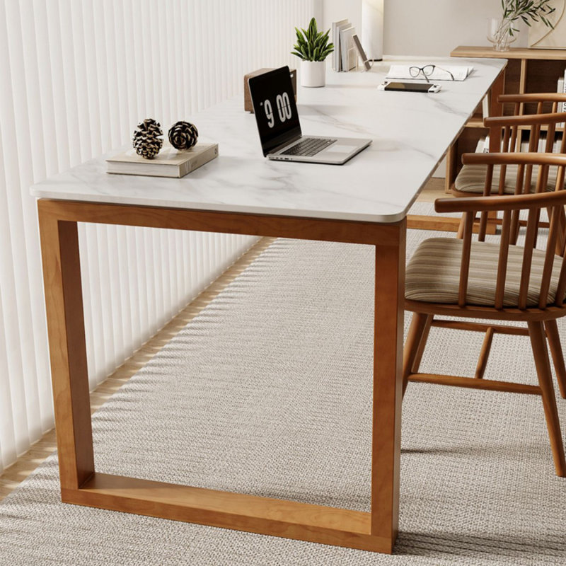 Blanc + brun fritté rectangulaire pierre + bureau en bois massif, H 29,53 po x l 78,74 po x P 23,62 po, Blanc / Brun