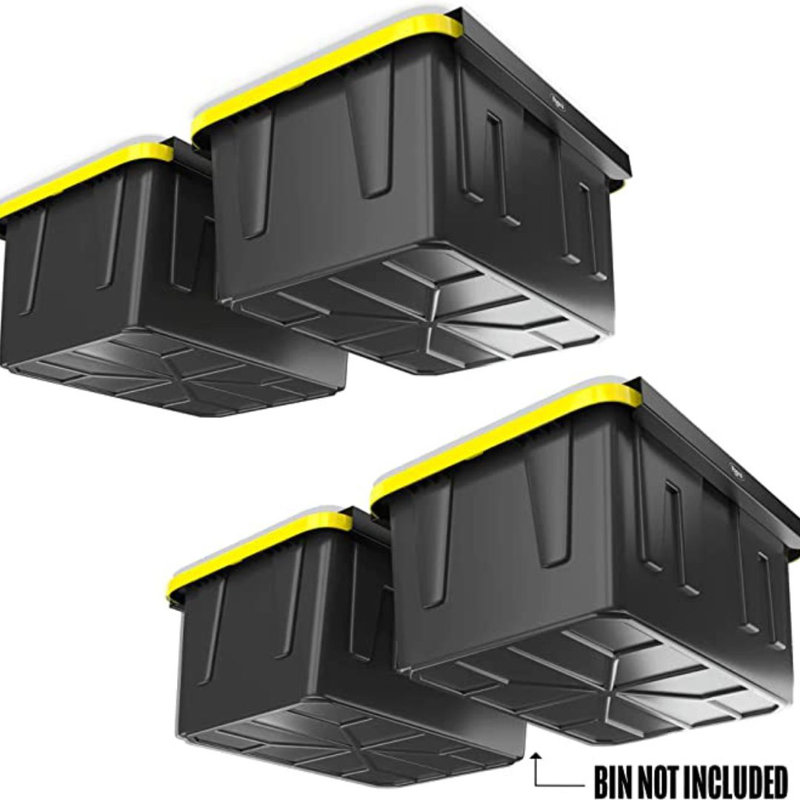 Support à poubelle pour quatre bacs Koova | Support de rangement pour garage à fixer au plafond avec largeur réglable | Prend en charge la plupart des bacs de rangement noirs et jaunes | Facile à installer  | 4 ensembles