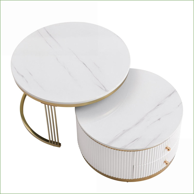Ensemble de tables basses gigognes blanches modernes avec 2 tiroirs et décorations dorées peu encombrantes