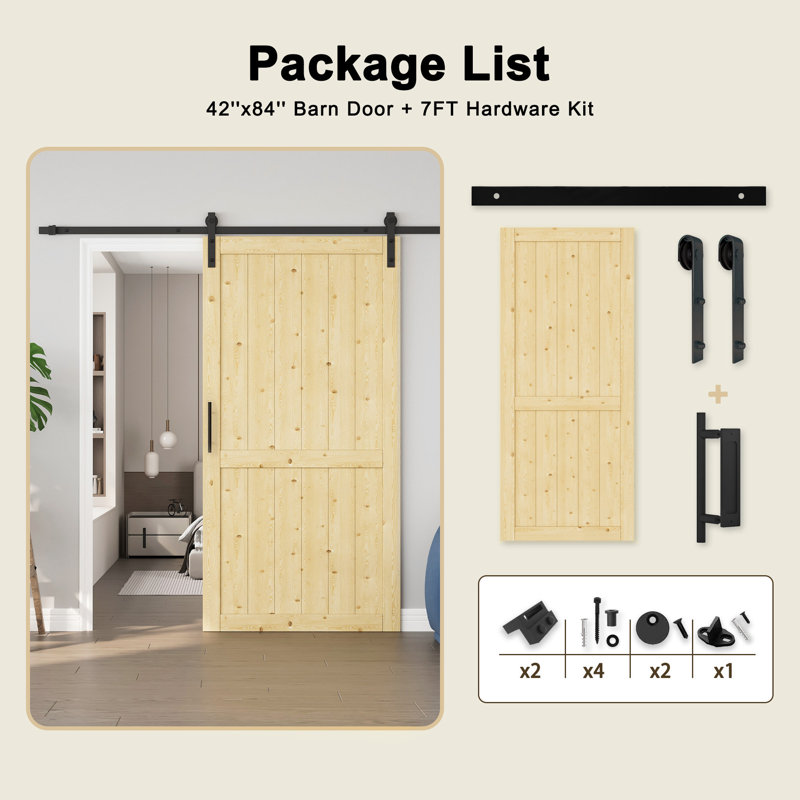 Porte de grange coulissante 84 po H 84 po, 42 po x 84 po, Pin, Avec fermeture en douceur