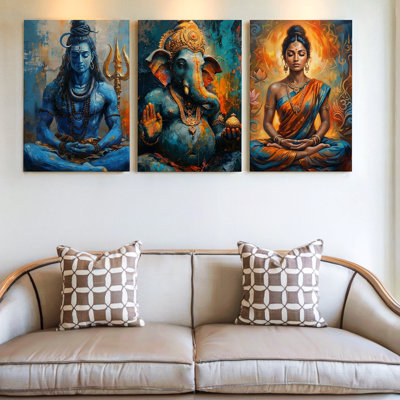 3 Pieces Vibrant Large Wall Art with Spiritual Figures for Meditation Spaces, Three Pieces Wall Art for Living Room, Bedroom, Office, and Home Decor