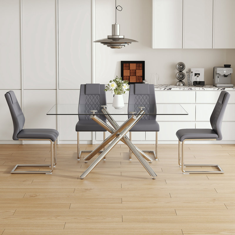 Ensemble de salle à manger 5 pièces avec 4 chaises en polyuréthane, pieds en métal et plateau de table en verre, Gris foncé