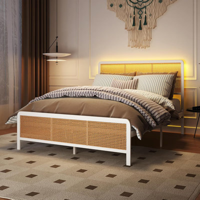 Full Size Platform Bed Frame, Rattan Cane Headboard with LED Light, Steel Slat Support, Modern Boho Style Bedroom Bed, White