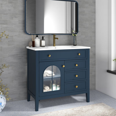 Lavabo de salle de bain 35,6 "Mid-Century avec verre à motif et bande lumineuse à capteur de mouvement