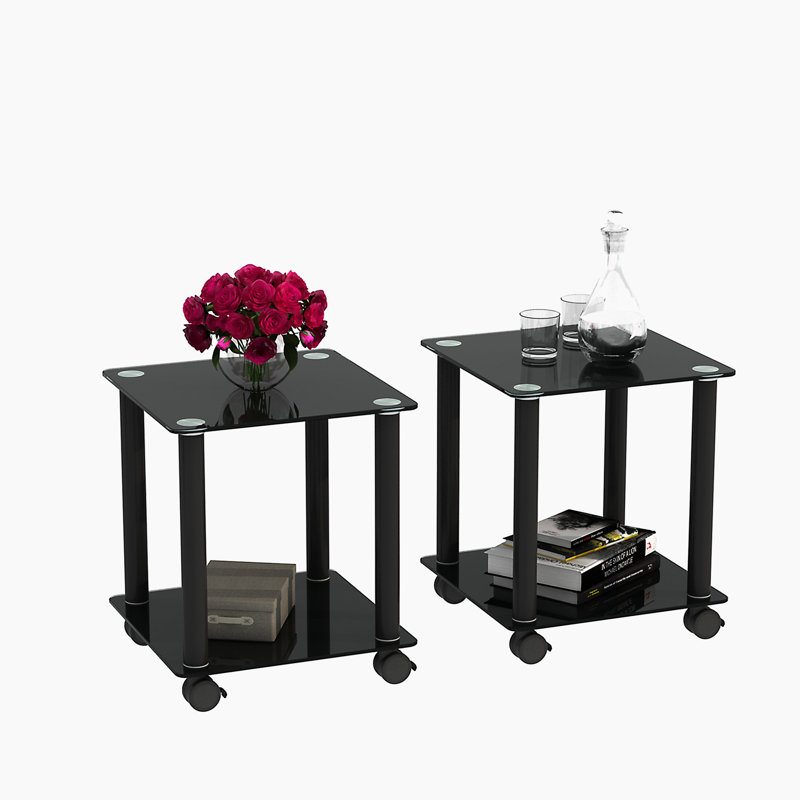 Ensemble de tables de bout à roulettes en verre avec rangement, Noir, Noir