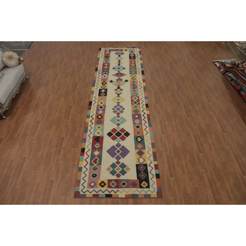 Tapis de couloir oriental géométrique en laine Kilim 5 x 18