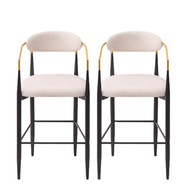 Ensemble de 2 tabourets de bar, hauteur d'assise de 76 cm, tabourets de comptoir modernes rembourrés, tissu beige avec accoudoirs dorés, structure ergonomique en métal noir pour îlot de cuisine et comptoir de salle à manger