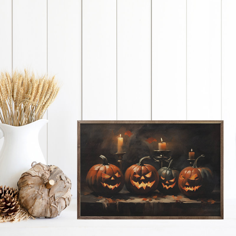 «Four Halloween Jack O Lanterns» sur bois, H 5 po x l 8 po x P 1,3 po