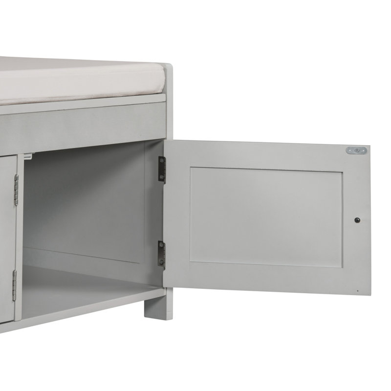 Banc de rangement avec 3 portes en forme de volet, banc à chaussures avec coussin amovible et espace de rangement caché