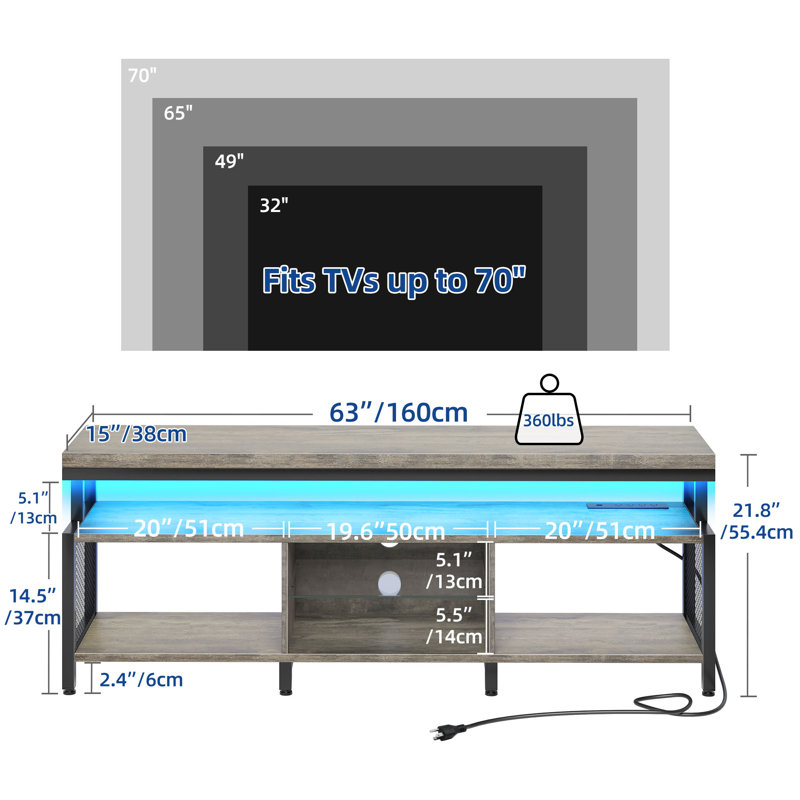Industrial TV Stand with Sound Bar and LED Strip for TVs up to 70"