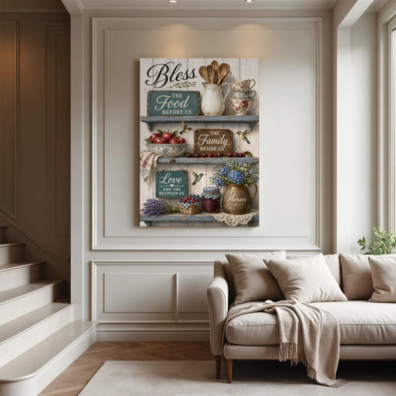 Tableau décoratif rustique « Bénissez la nourriture » ​​​​sur toile, 61 x 91 cm, monté sur châssis, rouge et crème, pour la salle à manger, la cuisine ou l'entrée.