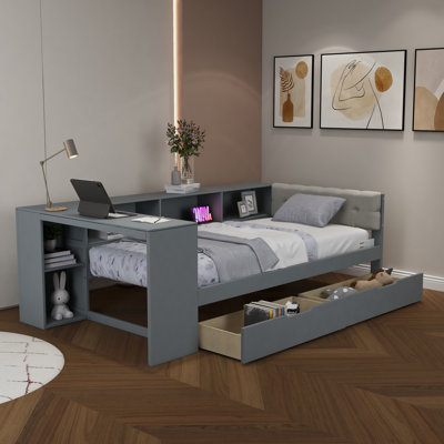 Full Size Wood Platform Bed With Storage Shelves,Usb Ports And Desk