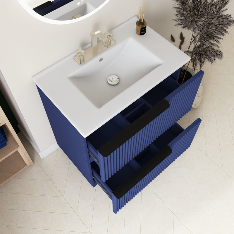 Meuble-lavabo 30 po avec lavabo en céramique et tiroirs pleine extension, Bleu