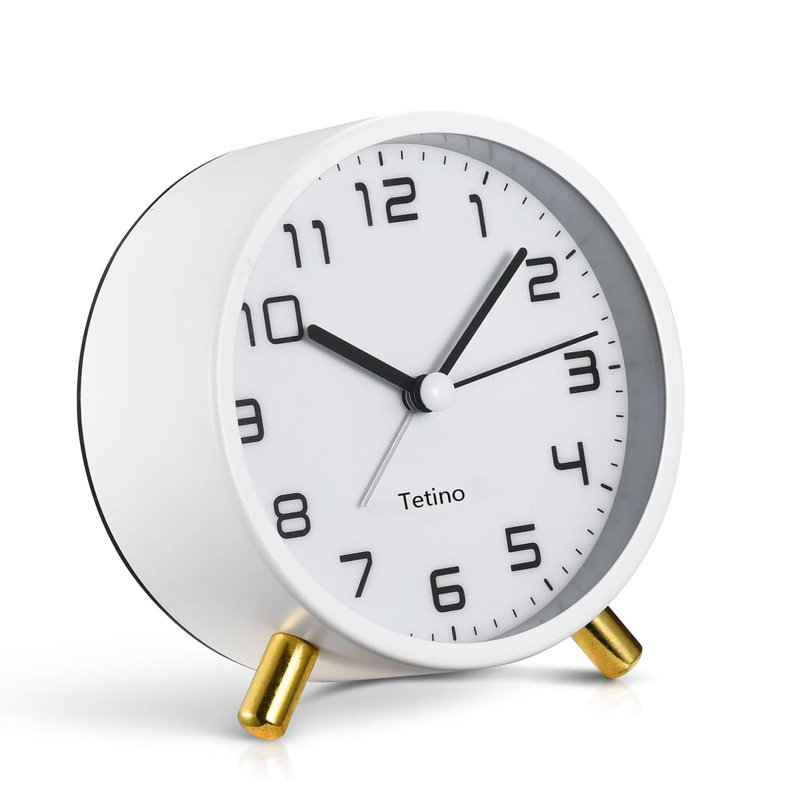 Analogue Metal Electric Alarm Tabletop Clock, White