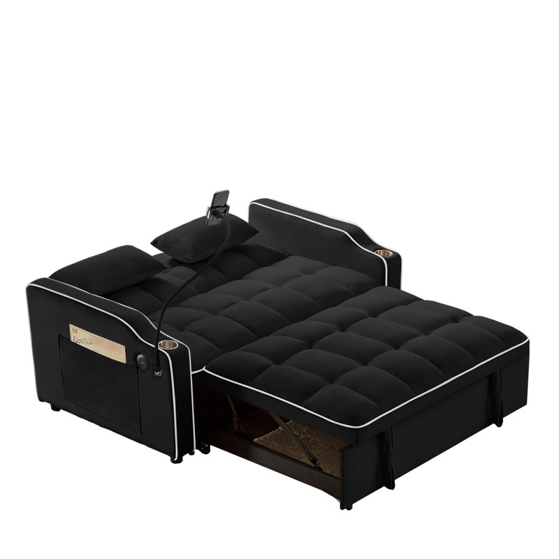 Lit à dossier réglable moderne en noir avec cendrier, support pour téléphone et 2 coussins décoratifs pliables, port, support confortable