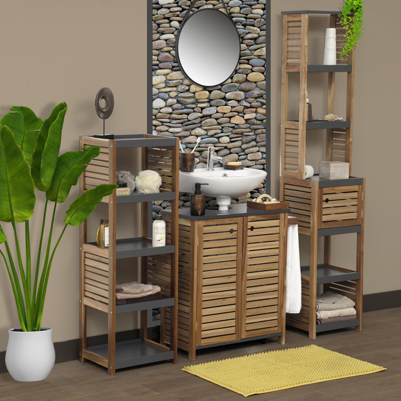 Tall Bathroom Storage Cabinet with Multiple Shelves and Vented Door, Brown and Grey - Elements Collection