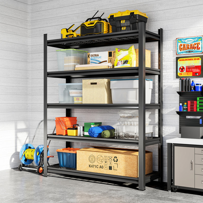Tablette ajustable en métal noir à cinq étages pour garage, capacité de charge de 2 500 lb, H 71,2 po x L 47,76 po, P 23,58 po, capacité de rangement, finition rouille durable