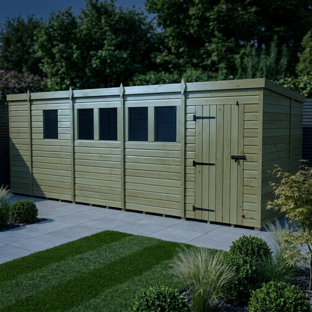 Total Sheds 17ft x 7ft Pent Garden Shed - Single Door - With Windows - Pressure Treated Timber - UK Manufactured
