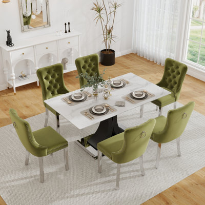 Rectangle Tempered Glass Dining Table Set, Luxury Dining Table with Tufted Velvet Dining Chair for Dining Room
