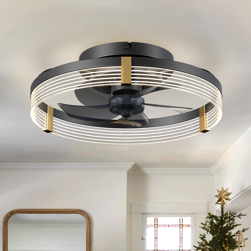 Kordae Flush Mount Dimmable Ceiling Fan with LED Lights, Black, 15.7"