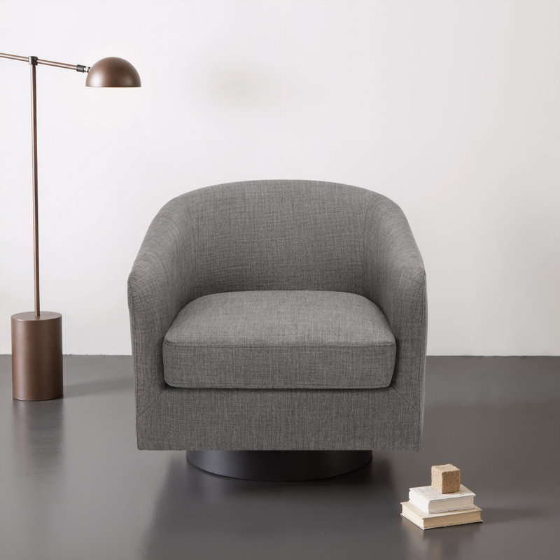 Applewold Upholstered Gray Cotton Blend Swivel Barrel Chair with Solid Wood Base, Gray Fabric