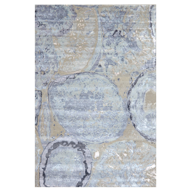 Hand-Knotted High-Quality Blue and Silver Area Rug, Rectangle 8'2" x 10'1"