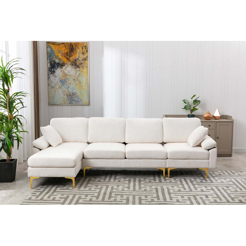 Canapé modulaire réversible en U avec repose-pieds, Velours blanc