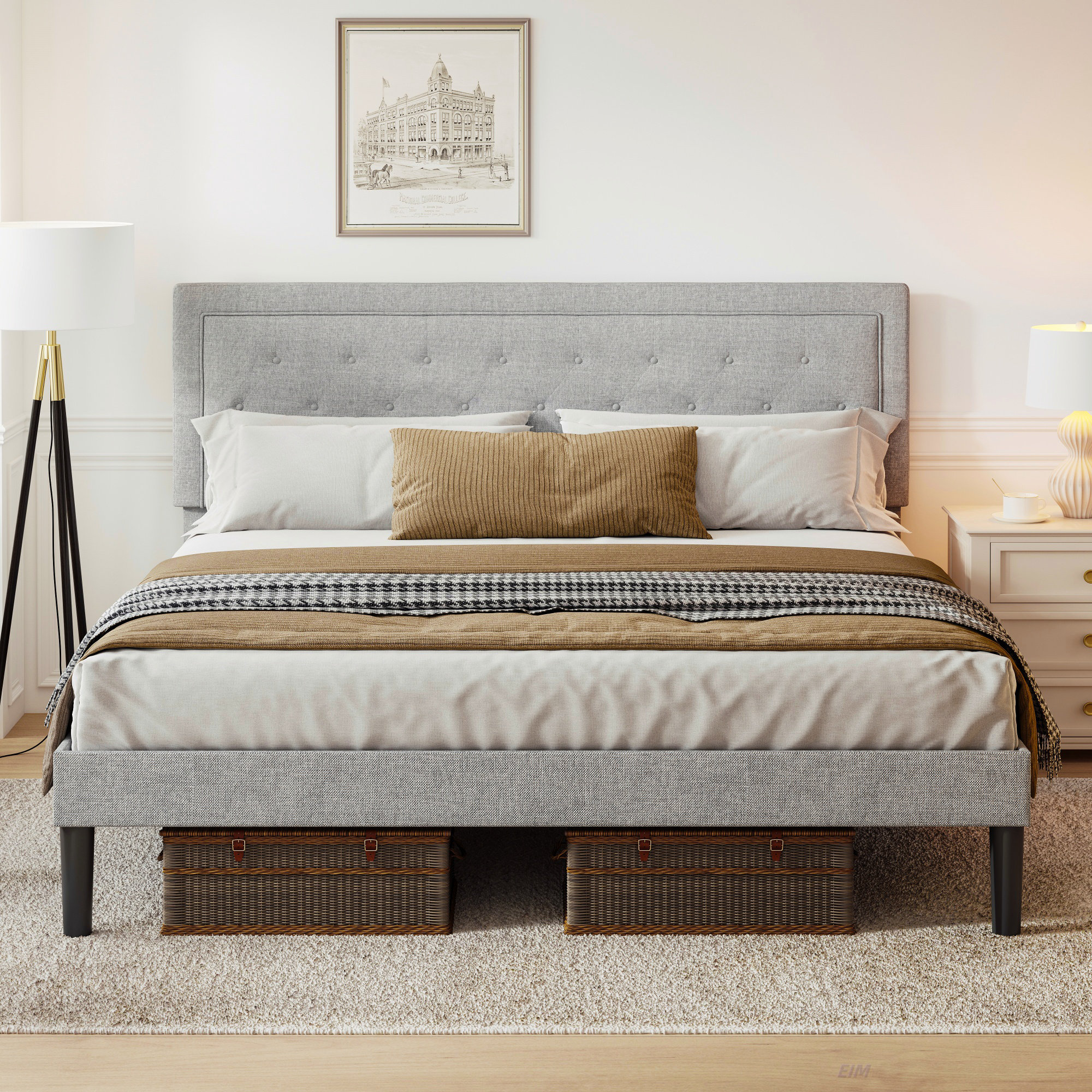 Harriet Bee Light Grey Bed Frame With Adjustable Border Headboard Queen ...