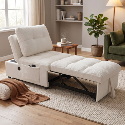 Canapé-lit simple sans accoudoirs, texture de tissu en peluche douce, agréable pour la peau, port de chargement USB intégré, poche de rangement latérale, dossier réglable, convient aux petits appartements ou aux bureaux