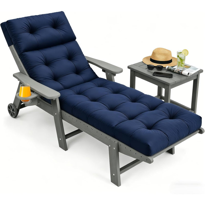 Coussin de chaise longue d'extérieur imperméable et épais avec attaches, coussin de remplacement pour chaise de patio en tissu de coton Oxford, bleu marine (coussin seulement)