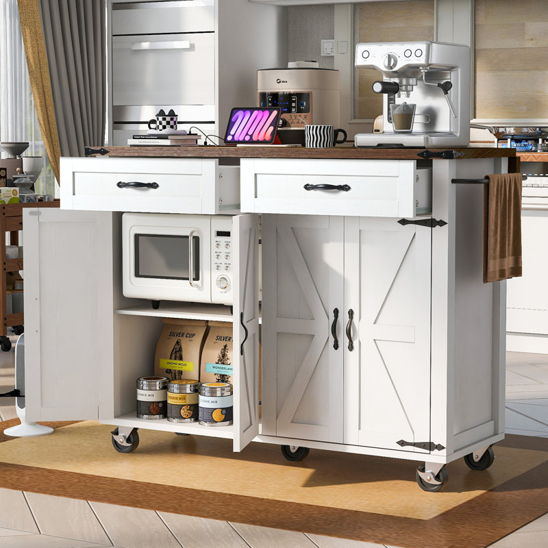 53.5''Farmhouse Kitchen Island with Power Outlet, Kitchen Storage Island with Drop Leaf, Spice Rack and Drawer, Rolling Kitchen Cart on Wheels, for Home, Kitchen and Dining Room