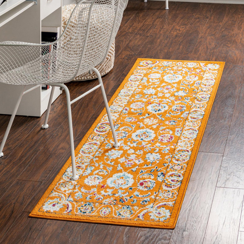 Tapis orange / vert / ivoire tissé à la machine Hilley, Tapis de couloir 2 pi 7 po x 12 pi