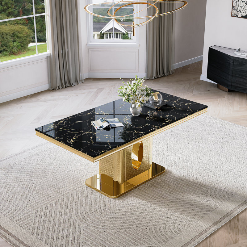 70.08”Faux Marble Top Pedestal Dining Table Set, Black/Gold, Black, Gold