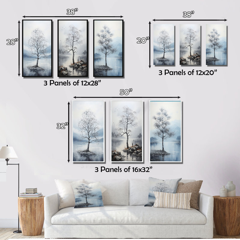 «Gray Tree Monicoloch Whispers Landscape», 3 pièces sur toile, Cadre blanc, H 20 po x l 36 po