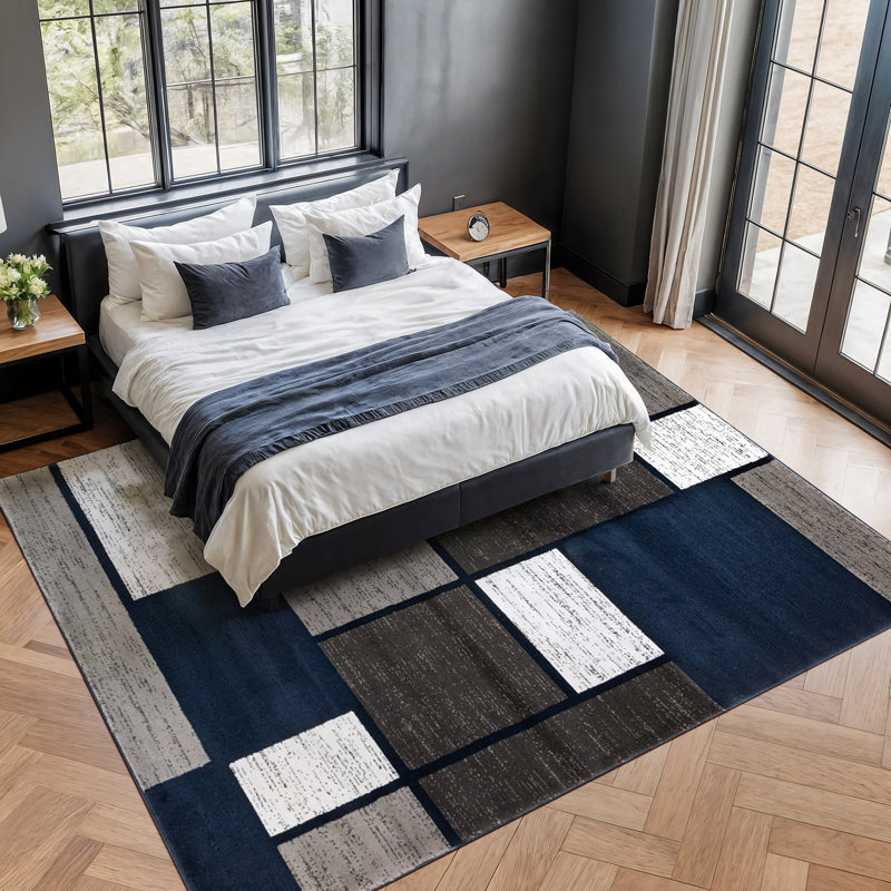Tapis tissé à motif géométrique bleu marine / gris / blanc Mehul, Navy, Rectangle de 10 pi x 14 pi