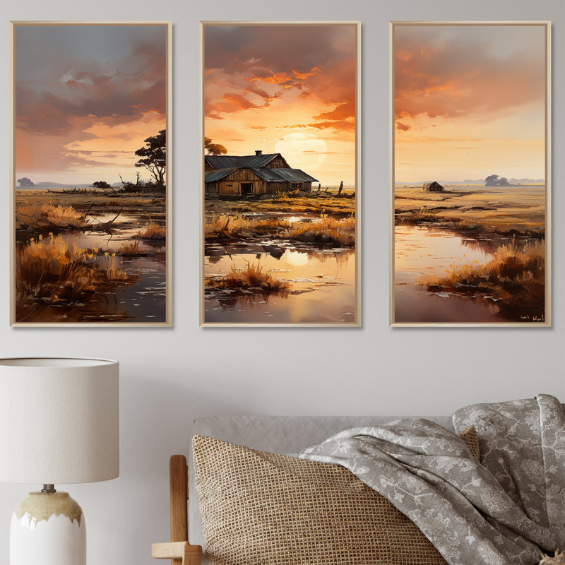 Sunrise Farm campagne dévoilée - ensemble d'art mural ferme, Cadre naturel flottant, H 40 po x l 60 po x P 1 po