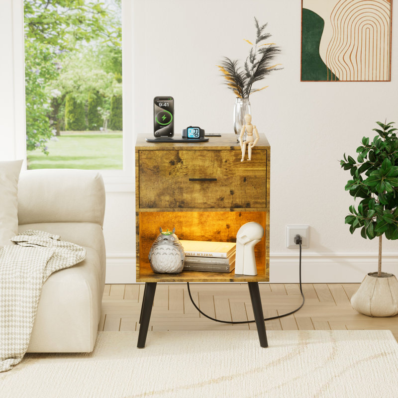 Nightstand with Power Outlet, LED Lights, and Drawer for Bedroom, Living Room