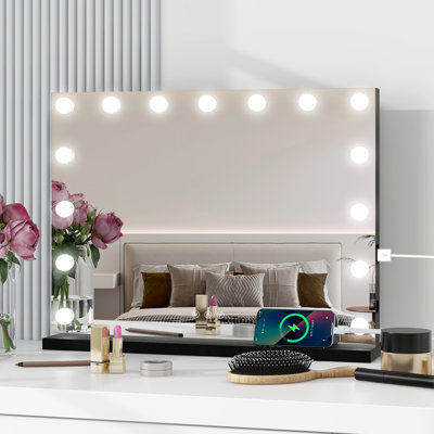 Makeup Mirror with 3 Color Lights, 58×45cm Large Lighted Vanity Mirror with 15 Dimmable LED Bulbs