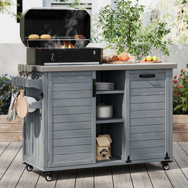 78.3" Outdoor Kitchen Island With Foldable Grill Table, Trash Can Storage & Stainless Steel Top, Blue Gray