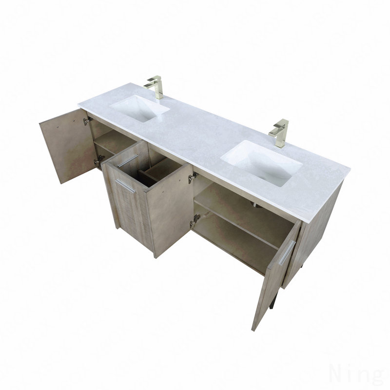 Ensemble de meuble-lavabo double 72 po x P 20 po avec plateau en marbre de culture et robinet en nickel brossé, Nickel brossé