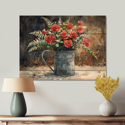 Bouquet de roses dans un vase de ferme II - reproduction de bois de roses - sur bois de pin naturel