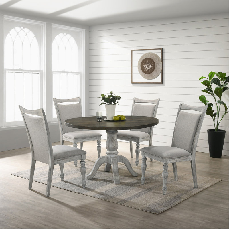 Ensemble de salle à manger 5 pièces, table à piédestal ronde avec 4 chaises, blanc vieilli et gris