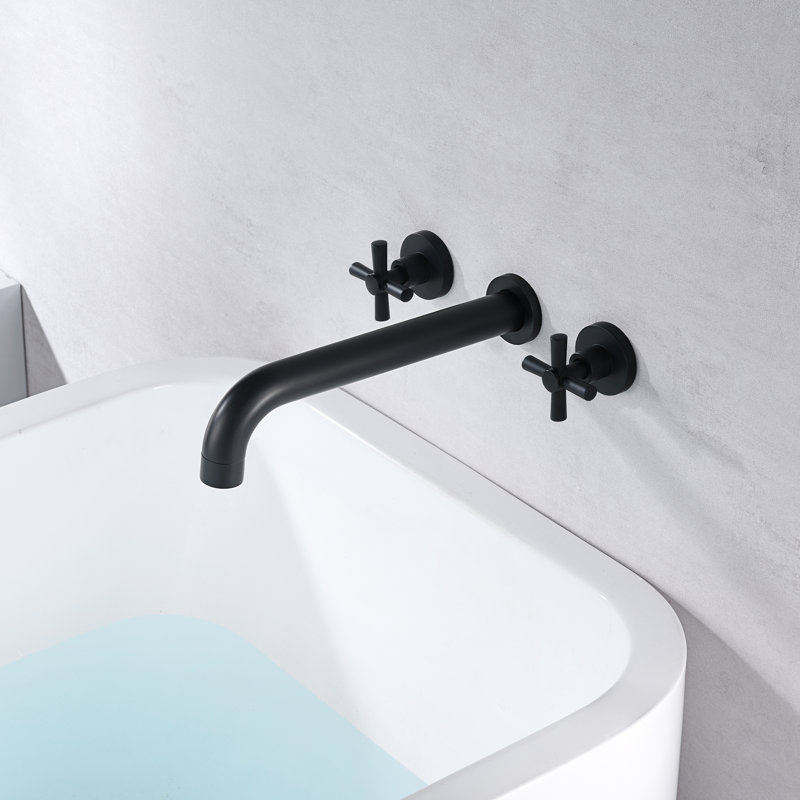 Bec double à débit élevé à débit élevé fixé au mur, Noir mat, Poignées croix