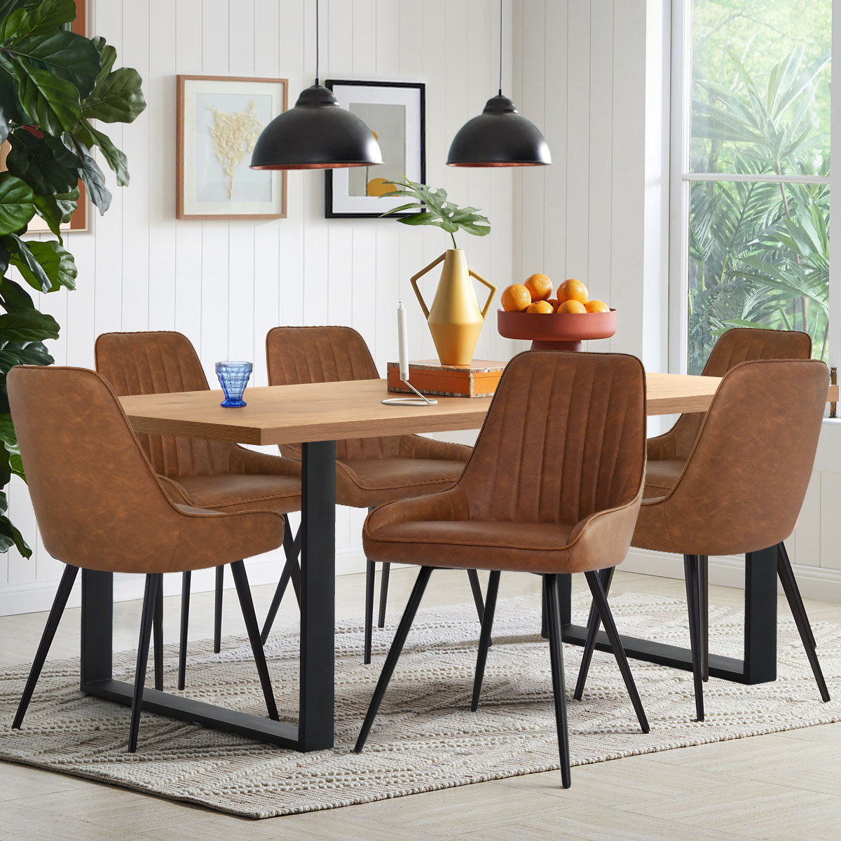 Wood table with online leather chairs