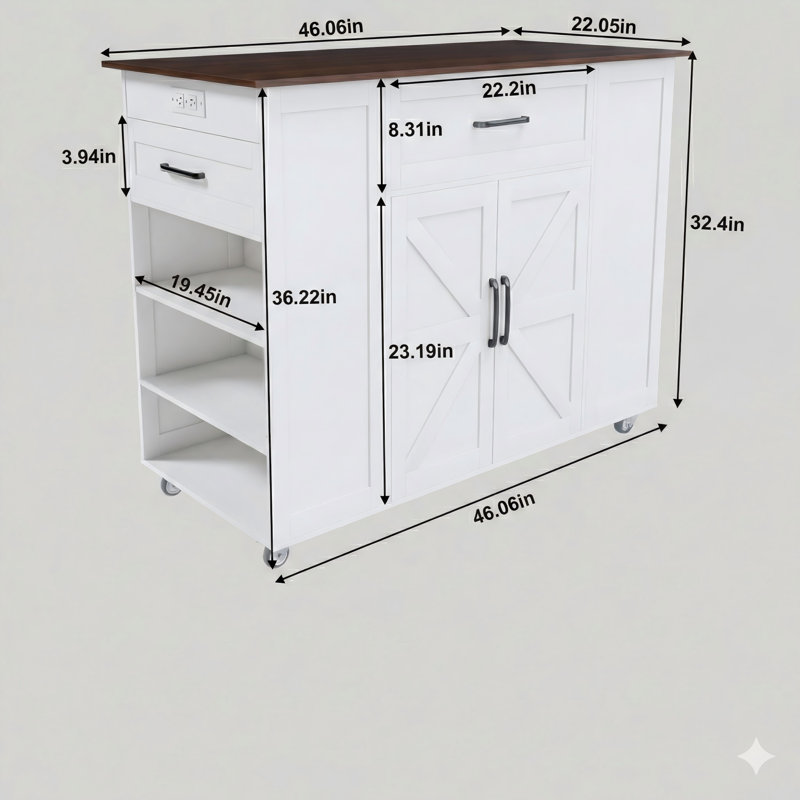 Îlot de cuisine mobile de 46 pouces avec tiroir de rangement et prise de courant - Barre à roulettes de style rustique avec plateau en bois, tablette réglable, parfaite pour la cuisine, la salle à manger ou le salon, finition blanche
