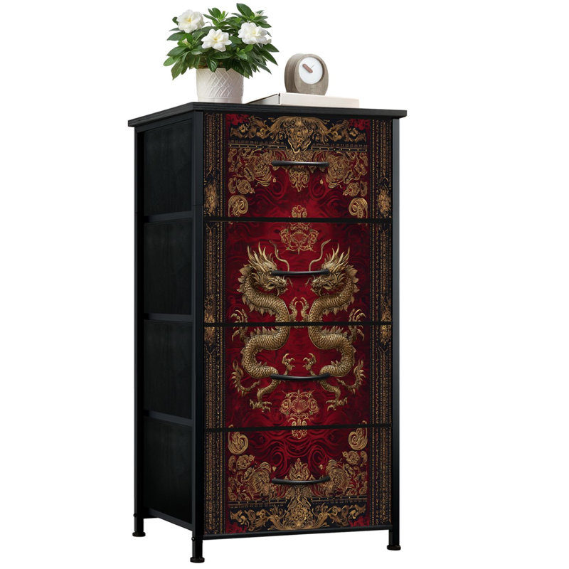 Commode de rangement verticale à 4 tiroirs avec motifs chinois très artistiques et tiroirs en bois