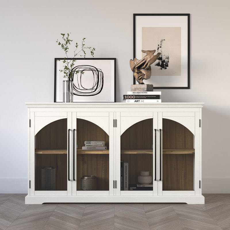 Buffet de style transitionnel arqué gothique avec portes en verre Sherree, Blanc